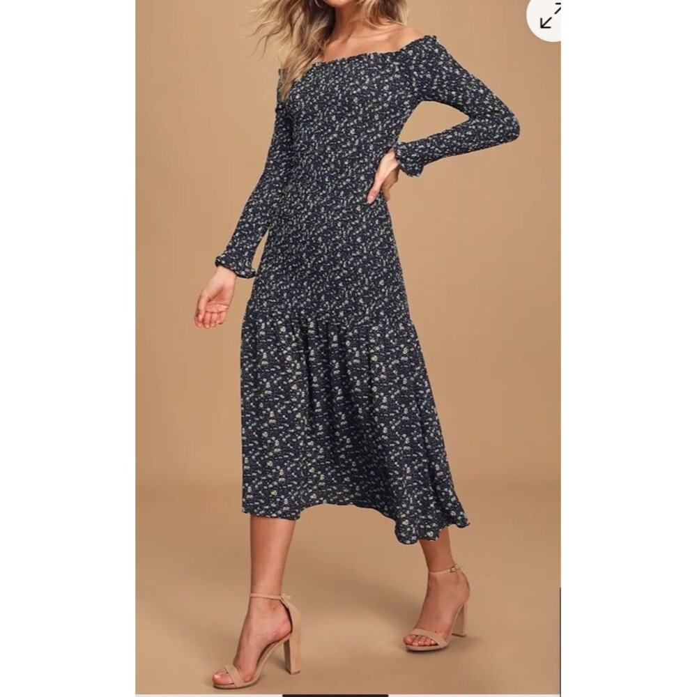 NWT Lulus Navy Blue Floral Print Smocked Off-the-Shoulder Dress